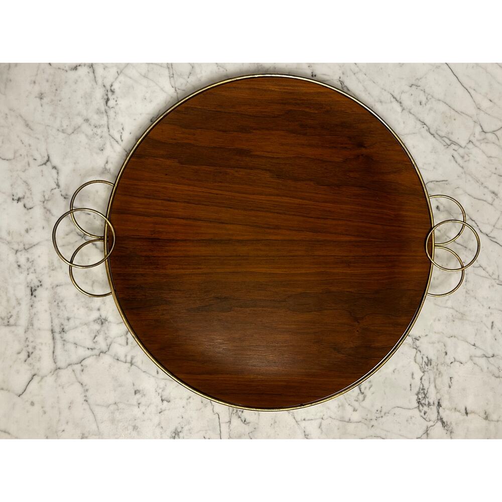 Vintage Brass and Bent Wood Teak Handled Large Serving Decorative Tray MCM 18"